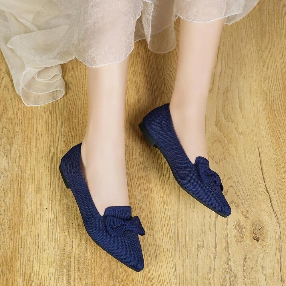 Women Navy Pointed Toe Dressy Comfortable Knit Breathable Mesh Ballet Flats - Picture 7 of 7